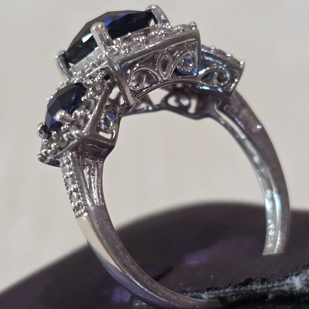 Cushion Cut Blue Three (3) Stone CZ Accent 925 Sterling Silver Ring Size 6.75